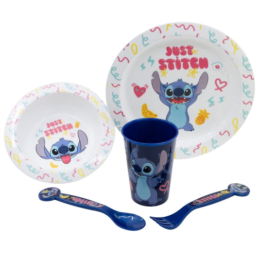 Disney Stitch – 5 dalių Palms kolekcijos indų rinkinys, tinkamas naudoti mikrobangų krosnelėje (lėkštė, dubenėlis, puodelis, šakutė, arbatinis šaukštelis)