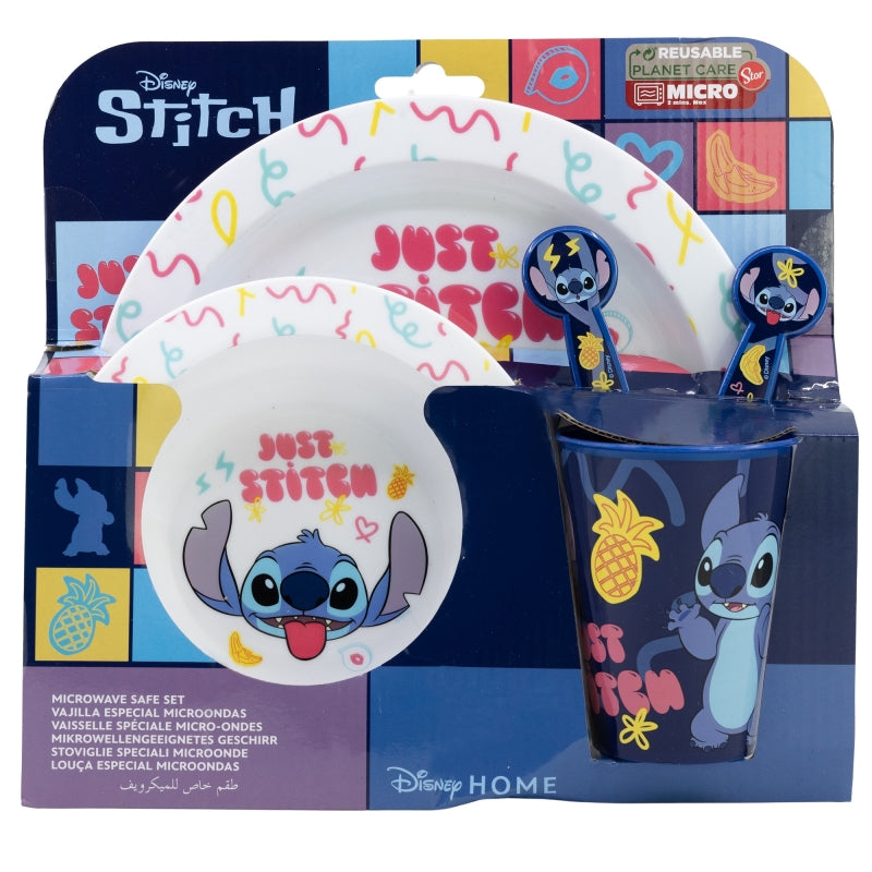 Disney Stitch – 5 dalių Palms kolekcijos indų rinkinys, tinkamas naudoti mikrobangų krosnelėje (lėkštė, dubenėlis, puodelis, šakutė, arbatinis šaukštelis)