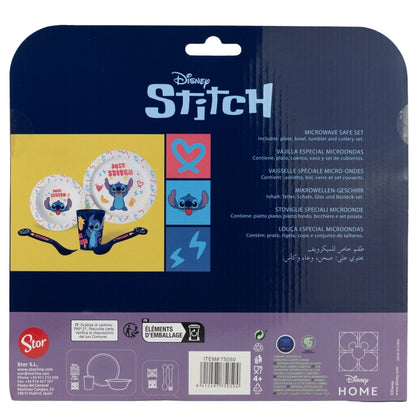 Disney Stitch – 5 dalių Palms kolekcijos indų rinkinys, tinkamas naudoti mikrobangų krosnelėje (lėkštė, dubenėlis, puodelis, šakutė, arbatinis šaukštelis)