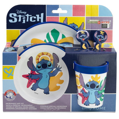 Disney Stitch – neslystantis 5 dalių mikrobangų krosnelei skirtas indų rinkinys (lėkštė, dubenėlis, puodelis, šakutė, arbatinis šaukštelis)