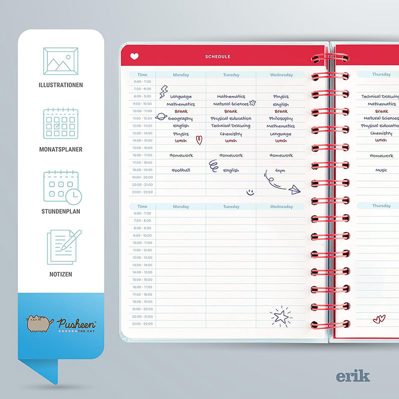 Pusheen – savaitinis kalendorius/planuoklis 2023/2024 iš kolekcijos „Purrfect Love“ (14,8 x 21 cm)