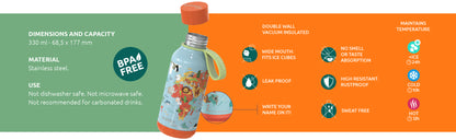 Quokka Solid Kids su dirželiu – nerūdijančio plieno dvigubos sienelės vakuuminės izoliacijos gertuvė, nešiojamas termosas 330 ml (Džiunglės)