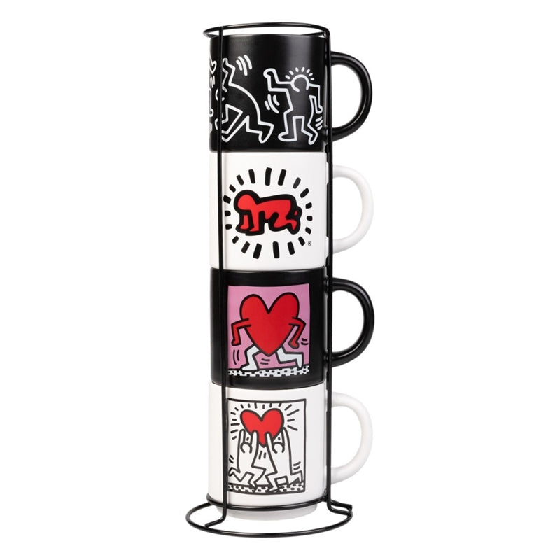 Keith Haring - 4 keramikinių puodelių rinkinys su stovu 300 ml