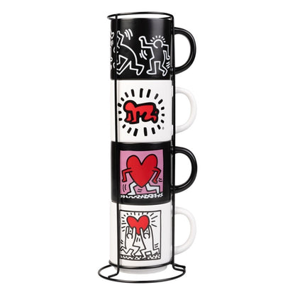 Keith Haring - 4 keramikinių puodelių rinkinys su stovu 300 ml