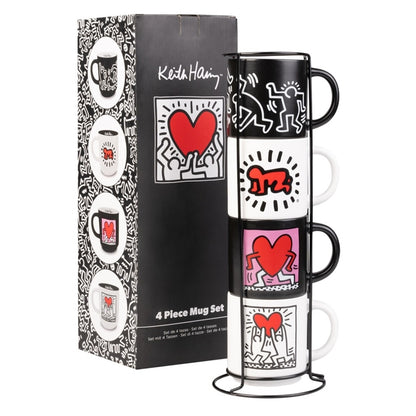 Keith Haring - 4 keramikinių puodelių rinkinys su stovu 300 ml