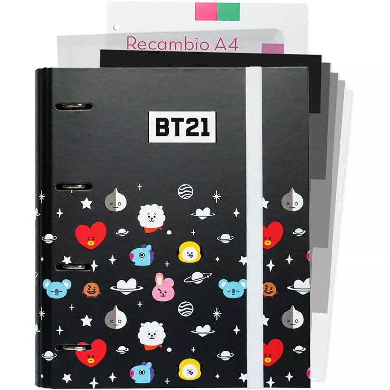 BT21 - A4 segtuvas su puslapiais (4 žiedai, guminė juosta)