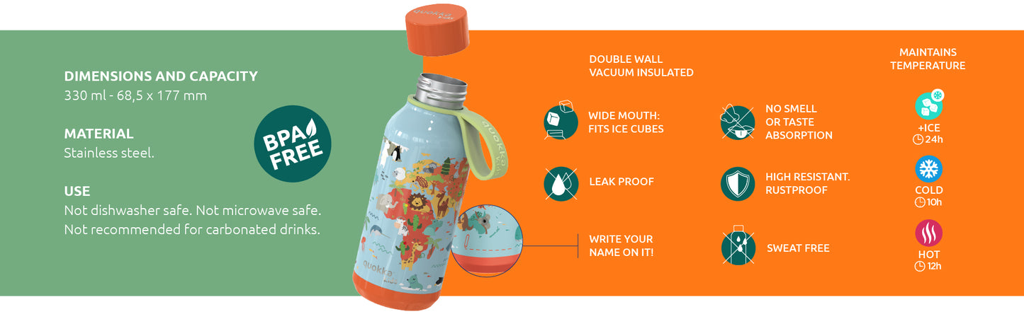 Quokka Vaikams su dirželiu - nerūdijančio plieno dviguba sienele, vakuumo izoliuotas vandens buteliukas, nešiojamas termosas 330 ml (Zebrai)