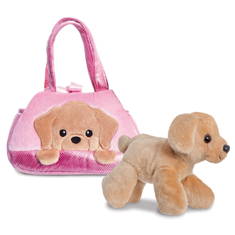 Fancy Pal – Minkštas žaislas, Labradoro šuo PeekaBoo su rožiniu maišeliu, 20 cm, Ekologiškas